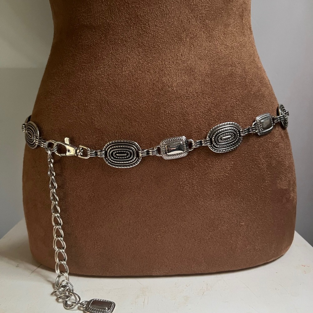 Vintage Silver Tone Concho Chain Belt Adjustable Westerncore Size 32-39